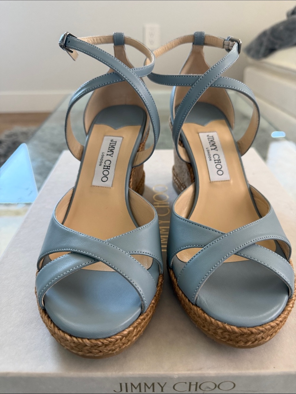 Jimmy Choo Powder Blue Leather Espadrille Wedge Sandals